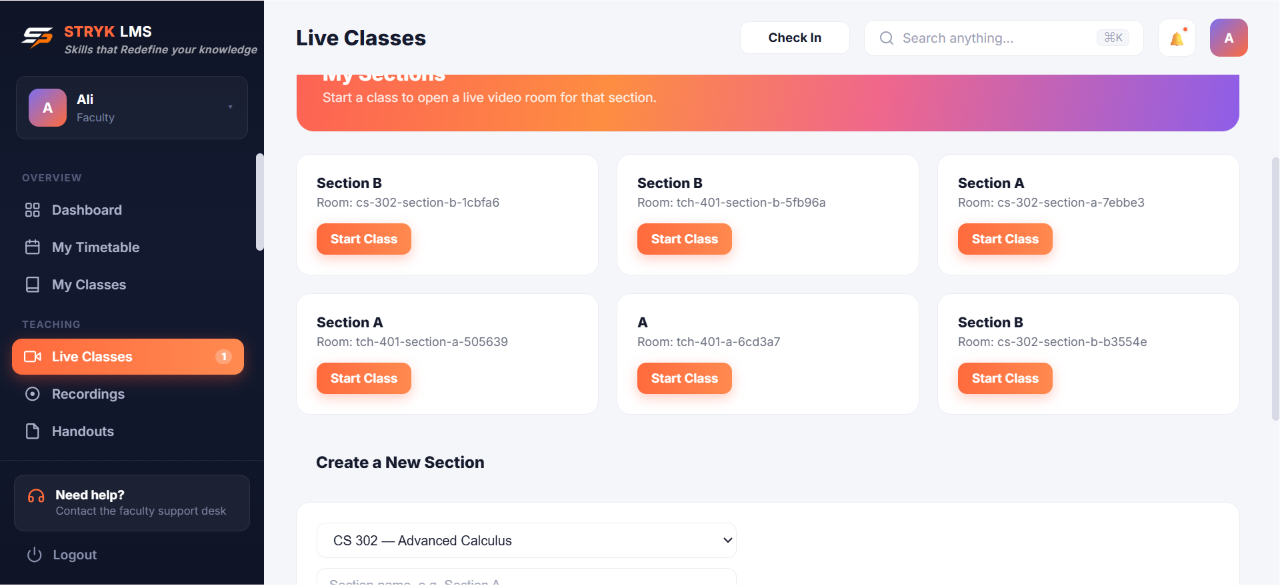 STRYK LMS live classes screen showing sections with one-click Start Class buttons